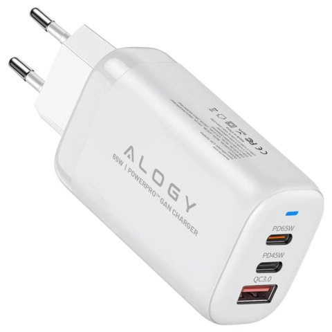 Ładowarka Sieciowa Szybka 3w1 do telefonu samsung iphone GaN3 65W PD i QC, Porty 2x USB-C 65W + USB-A 30W, Alogy GaNCharge Compa