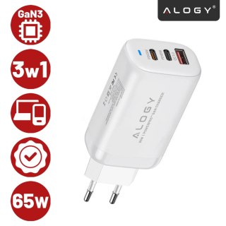 Ładowarka Sieciowa Szybka 3w1 do telefonu samsung iphone GaN3 65W PD i QC, Porty 2x USB-C 65W + USB-A 30W, Alogy GaNCharge Compa
