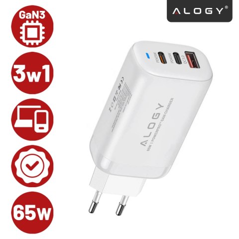 Ładowarka Sieciowa Szybka 3w1 do telefonu samsung iphone GaN3 65W PD i QC, Porty 2x USB-C 65W + USB-A 30W, Alogy GaNCharge Compa