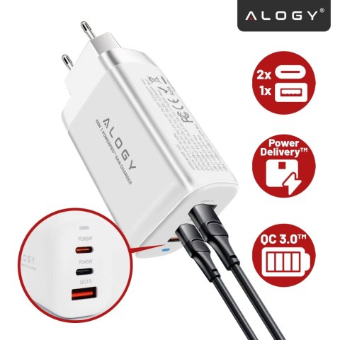 Ładowarka Sieciowa Szybka 3w1 do telefonu samsung iphone GaN3 65W PD i QC, Porty 2x USB-C 65W + USB-A 30W, Alogy GaNCharge Compa