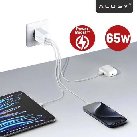 Ładowarka Sieciowa Szybka 3w1 do telefonu samsung iphone GaN3 65W PD i QC, Porty 2x USB-C 65W + USB-A 30W, Alogy GaNCharge Compa
