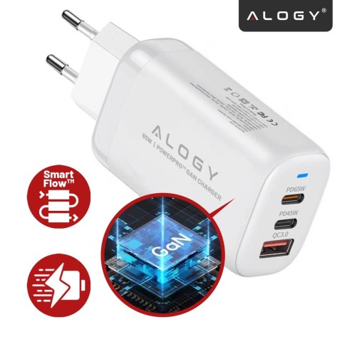 Ładowarka Sieciowa Szybka 3w1 do telefonu samsung iphone GaN3 65W PD i QC, Porty 2x USB-C 65W + USB-A 30W, Alogy GaNCharge Compa