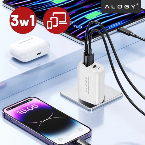 Ładowarka Sieciowa Szybka 3w1 do telefonu samsung iphone GaN3 65W PD i QC, Porty 2x USB-C 65W + USB-A 30W, Alogy GaNCharge Compa