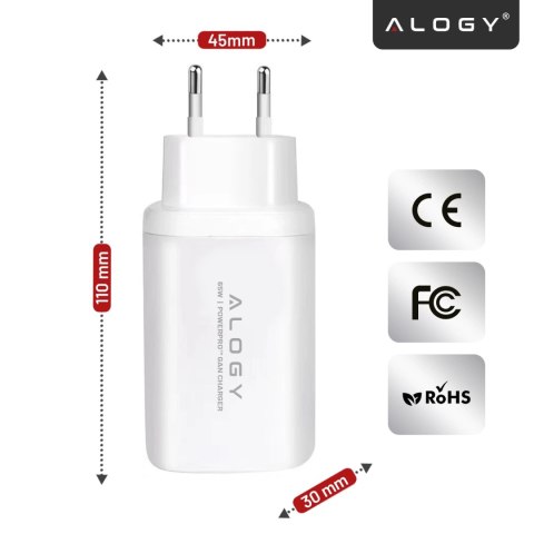 Ładowarka Sieciowa Szybka 3w1 do telefonu samsung iphone GaN3 65W PD i QC, Porty 2x USB-C 65W + USB-A 30W, Alogy GaNCharge Compa