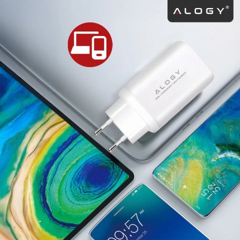 Ładowarka Sieciowa Szybka 3w1 do telefonu samsung iphone GaN3 65W PD i QC, Porty 2x USB-C 65W + USB-A 30W, Alogy GaNCharge Compa