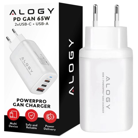 Ładowarka Sieciowa Szybka 3w1 do telefonu samsung iphone GaN3 65W PD i QC, Porty 2x USB-C 65W + USB-A 30W, Alogy GaNCharge Compa