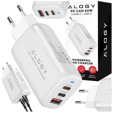Ładowarka Sieciowa Szybka 3w1 do telefonu samsung iphone GaN3 65W PD i QC, Porty 2x USB-C 65W + USB-A 30W, Alogy GaNCharge Compa