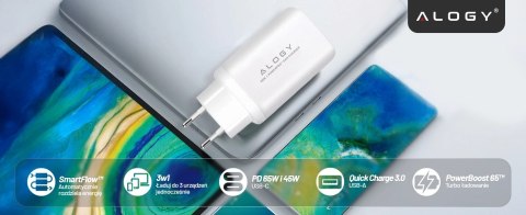 Ładowarka Sieciowa Szybka 3w1 do telefonu samsung iphone GaN3 65W PD i QC, Porty 2x USB-C 65W + USB-A 30W, Alogy GaNCharge Compa