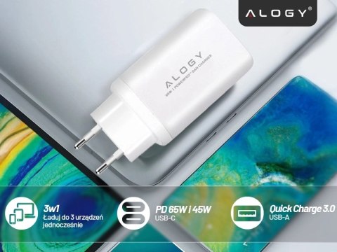 Ładowarka Sieciowa Szybka 3w1 do telefonu samsung iphone GaN3 65W PD i QC, Porty 2x USB-C 65W + USB-A 30W, Alogy GaNCharge Compa