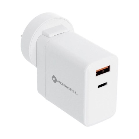 Ładowarka sieciowa 3w1 FORCELL F-ENERGY Typ C + USB A PD QC4.0 3A 45W z wymiennymi wtyczkami Biała