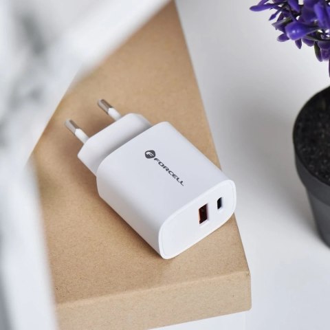 Ładowarka sieciowa FORCELL F-ENERGY Typ C + USB A PD QC4.0 3A 30W Biała