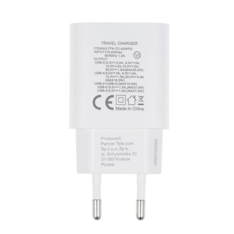 Ładowarka sieciowa FORCELL F-ENERGY Typ C + USB A PD QC4.0 3A 30W Biała