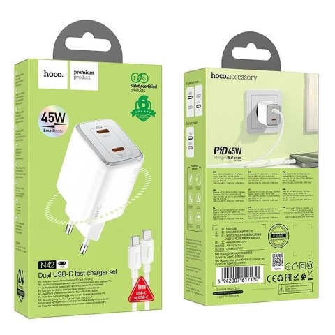 Ładowarka sieciowa HOCO 2 x Typ C + kabel Typ C do Typ C PD QC 45W GaN Biała