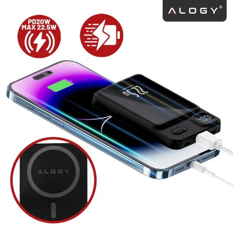 PowerBank Bezprzewodowy 10000mAh z Technologią MagSafe, Szybkie Ładowanie 22.5W PD20W, Kompaktowy i Magnetyczny, Alogy MagCharge