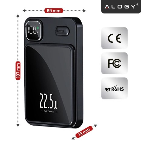 PowerBank Bezprzewodowy 10000mAh z Technologią MagSafe, Szybkie Ładowanie 22.5W PD20W, Kompaktowy i Magnetyczny, Alogy MagCharge