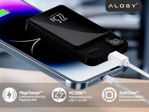 PowerBank Bezprzewodowy 10000mAh z Technologią MagSafe, Szybkie Ładowanie 22.5W PD20W, Kompaktowy i Magnetyczny, Alogy MagCharge