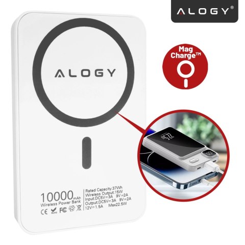 PowerBank Bezprzewodowy 10000mAh z Technologią MagSafe, Szybkie Ładowanie 22.5W PD20W, Kompaktowy i Magnetyczny, Alogy MagCharge