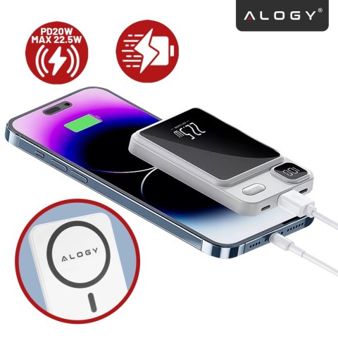 PowerBank Bezprzewodowy 10000mAh z Technologią MagSafe, Szybkie Ładowanie 22.5W PD20W, Kompaktowy i Magnetyczny, Alogy MagCharge