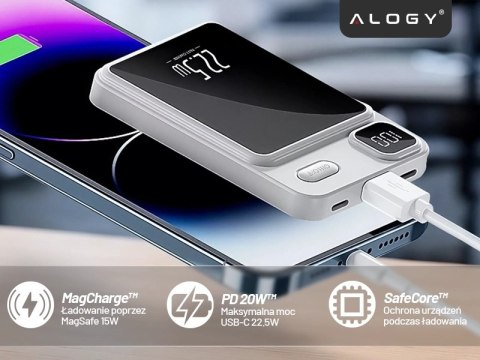 PowerBank Bezprzewodowy 10000mAh z Technologią MagSafe, Szybkie Ładowanie 22.5W PD20W, Kompaktowy i Magnetyczny, Alogy MagCharge