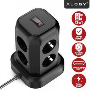 Przedłużacz 12w1 Rozdzielacz wieża ładująca Alogy ChargeTower Pro 2500W 8x gniazdo ładujące 3x USB.A 1x USB.C kabel 1.8m Czarny
