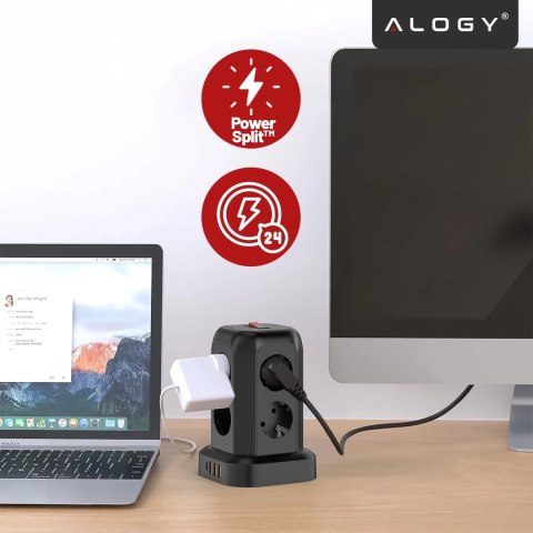 Przedłużacz 12w1 Rozdzielacz wieża ładująca Alogy ChargeTower Pro 2500W 8x gniazdo ładujące 3x USB.A 1x USB.C kabel 1.8m Czarny