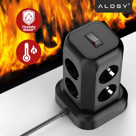 Przedłużacz 12w1 Rozdzielacz wieża ładująca Alogy ChargeTower Pro 2500W 8x gniazdo ładujące 3x USB.A 1x USB.C kabel 1.8m Czarny
