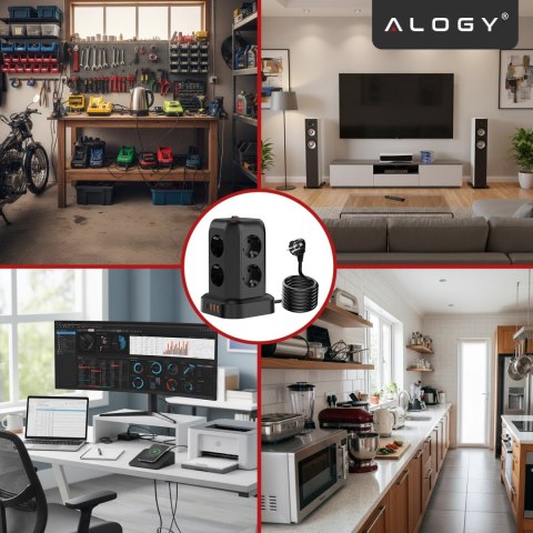 Przedłużacz 12w1 Rozdzielacz wieża ładująca Alogy ChargeTower Pro 2500W 8x gniazdo ładujące 3x USB.A 1x USB.C kabel 1.8m Czarny