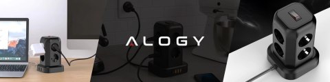 Przedłużacz 12w1 Rozdzielacz wieża ładująca Alogy ChargeTower Pro 2500W 8x gniazdo ładujące 3x USB.A 1x USB.C kabel 1.8m Czarny