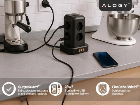 Przedłużacz 12w1 Rozdzielacz wieża ładująca Alogy ChargeTower Pro 2500W 8x gniazdo ładujące 3x USB.A 1x USB.C kabel 1.8m Czarny