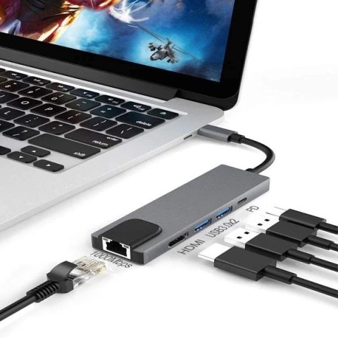 Ecobox Adapter Dex Typ-C HDMI + USB + RJ45 + Typ-C Srebrny