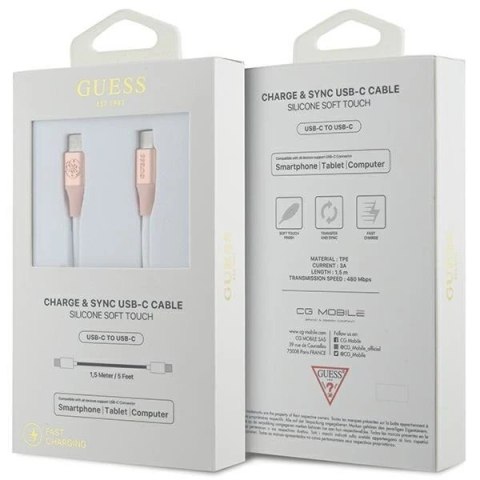 Kabel Guess USB-C do USB-C 1,5m, silikonowy, szybkie ładowanie, różowy