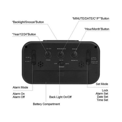 Zegar budzik Trusty duży LCD czarny ZG21
