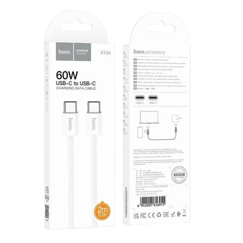 HOCO Kabel Typ C do Typ C X104 2 m Biały PD 60W QC 3.0 Szybkie Ładowanie