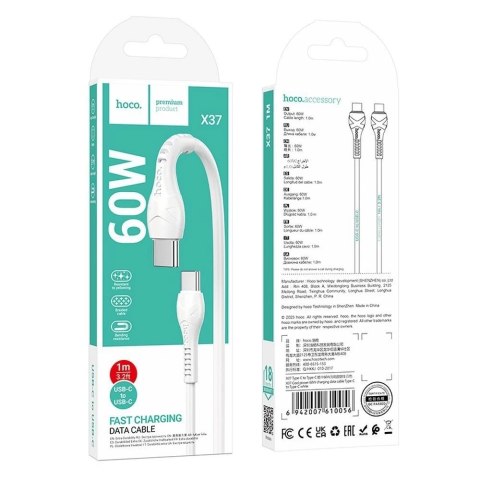 HOCO Kabel Typ C do Typ C X37 1 m Biały PD 60W Szybkie Ładowanie