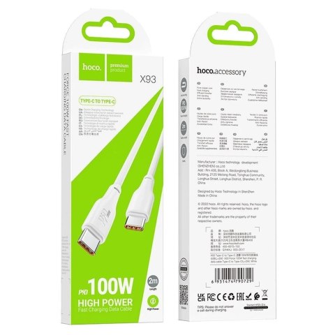 HOCO Kabel Typ C do Typ C X93 2 m Biały PD 100W 5A Szybkie Ładowanie