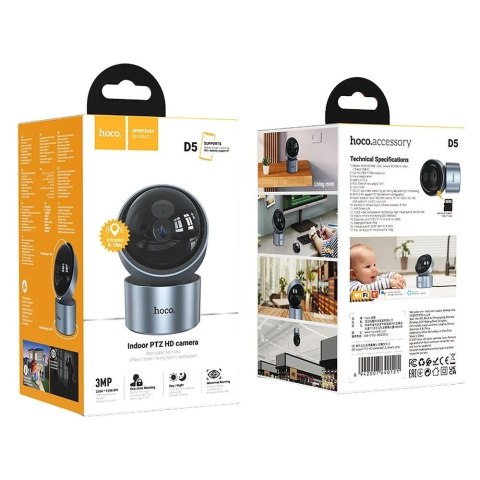 HOCO Kamera Wewnętrzna Full HD D5 Srebrna z Trybem Nocnym i Gimbalem