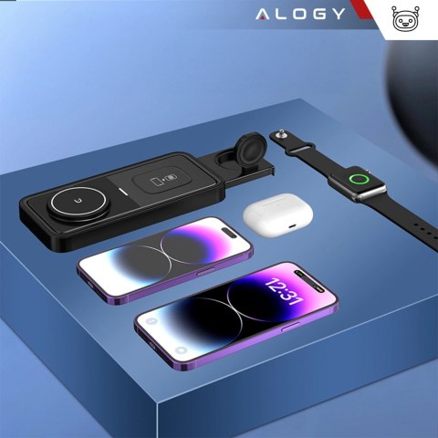 Ładowarka Indukcyjna Alogy Bezprzewodowa Qi PD QC 3.0 2w1 Szybka do Apple iPhone Airpods Watch Stacja ładująca stojak czarna
