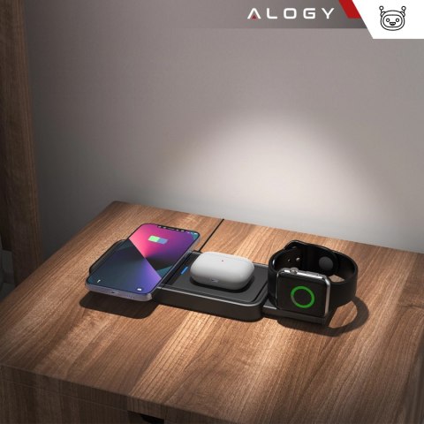 Ładowarka Indukcyjna Alogy Bezprzewodowa Qi PD QC 3.0 2w1 Szybka do Apple iPhone Airpods Watch Stacja ładująca stojak czarna