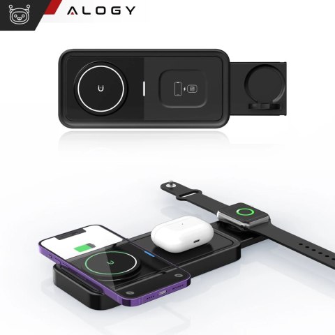Ładowarka Indukcyjna Alogy Bezprzewodowa Qi PD QC 3.0 2w1 Szybka do Apple iPhone Airpods Watch Stacja ładująca stojak czarna