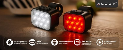Lampka rowerowa LED 500 LM 200 LM Alogy DuoRide™ Lights 20 LED Latarka na rower wodoodporne światło światełko na przód i tył prz