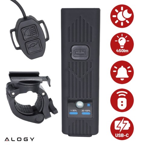 Lampka rowerowa SUPER JASNA 8H ŚWIECENIA przód LED przednia światło roweru z DZWONKIEM przewodowym oświetlenie 450LM 2000MAH wod