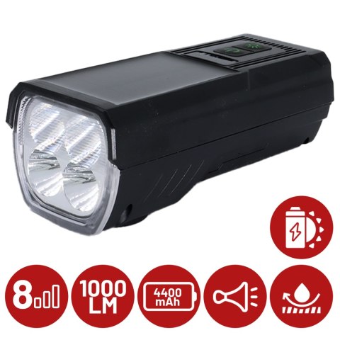 Lampka rowerowa solarna przód LED przednia światło roweru z panelem słonecznym klaksonem super mocna 1000LM 4400MAH oświetlenie 