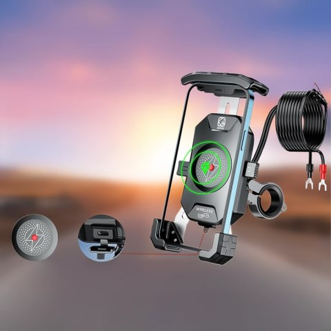 Uchwyt Motocyklowy na kierownicę KEWIG M14-A1 na telefon z ładowarką Qi + PD USB-C na motor quada skuter Czarny