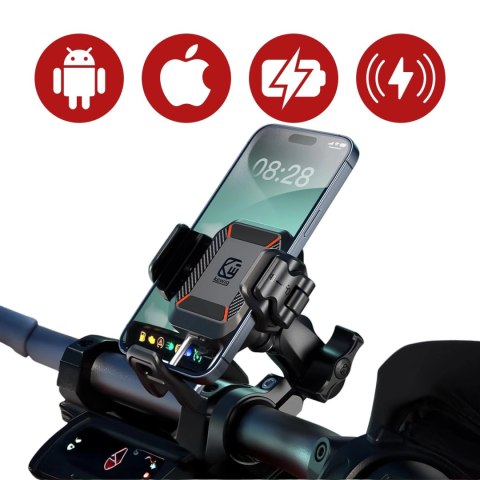 Uchwyt Motocyklowy na kierownicę KEWIG M33-A1 na telefon z ładowarką Qi 15W + PD 30W USB-C z systemem przeciwwstrząsowym na moto