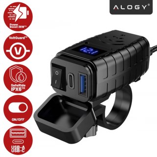 Ładowarka Motocyklowa z Wyświetlaczem, Szybkie Ładowanie 36W PD + QC 3.0, Porty USB-A i USB-C, Wodoodporna i Solidna, Alogy Moto