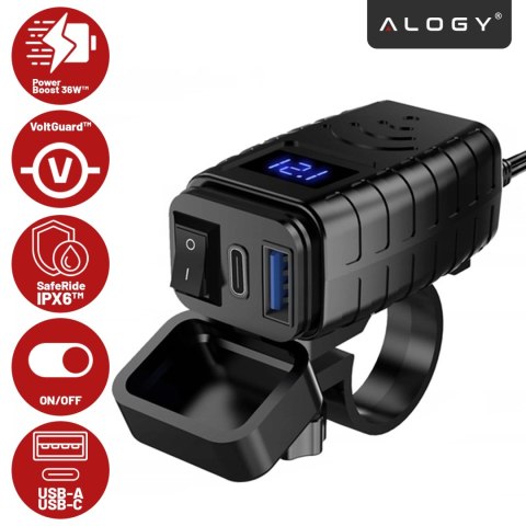 Ładowarka Motocyklowa z Wyświetlaczem, Szybkie Ładowanie 36W PD + QC 3.0, Porty USB-A i USB-C, Wodoodporna i Solidna, Alogy Moto