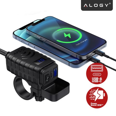 Ładowarka Motocyklowa z Wyświetlaczem, Szybkie Ładowanie 36W PD + QC 3.0, Porty USB-A i USB-C, Wodoodporna i Solidna, Alogy Moto