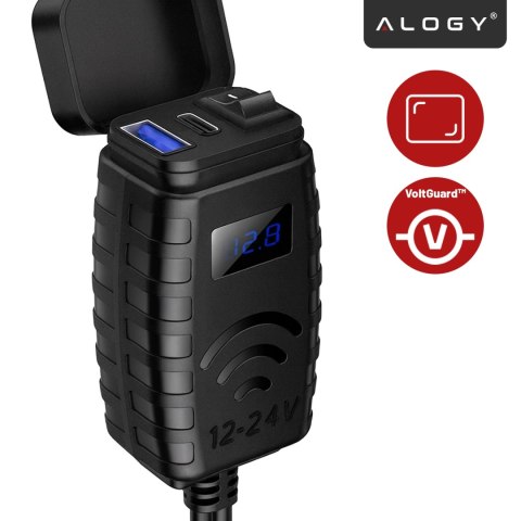 Ładowarka Motocyklowa z Wyświetlaczem, Szybkie Ładowanie 36W PD + QC 3.0, Porty USB-A i USB-C, Wodoodporna i Solidna, Alogy Moto