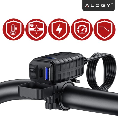 Ładowarka Motocyklowa z Wyświetlaczem, Szybkie Ładowanie 36W PD + QC 3.0, Porty USB-A i USB-C, Wodoodporna i Solidna, Alogy Moto
