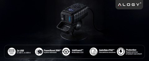 Ładowarka Motocyklowa z Wyświetlaczem, Szybkie Ładowanie 36W PD + QC 3.0, Porty USB-A i USB-C, Wodoodporna i Solidna, Alogy Moto